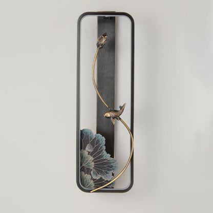 Chinese Rectangle Fish Wood Bronze LED Wall Sconce Lamp
