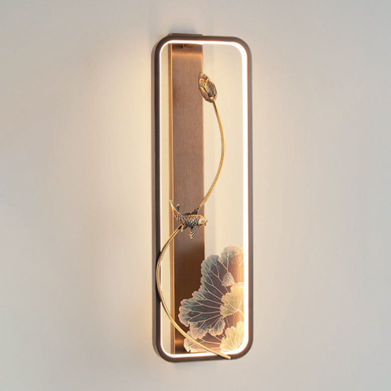 Chinese Rectangle Fish Wood Bronze LED Wall Sconce Lamp
