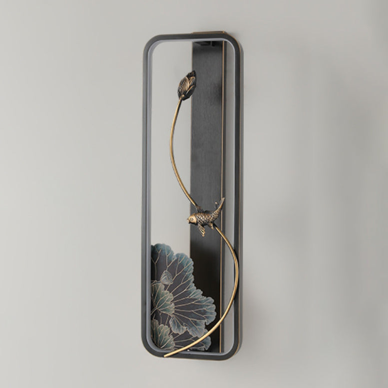 Chinese Rectangle Fish Wood Bronze LED Wall Sconce Lamp