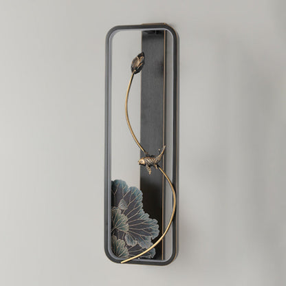 Chinese Rectangle Fish Wood Bronze LED Wall Sconce Lamp