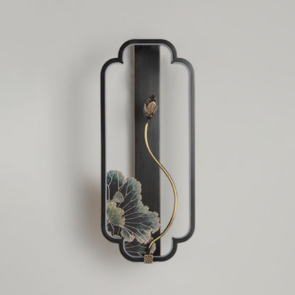 Chinese Rectangle Fish Wood Bronze LED Wall Sconce Lamp