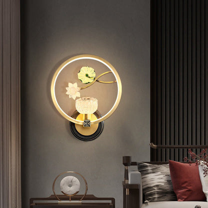 Chinese Round Acrylic Glass Copper LED Wall Sconce Lamp