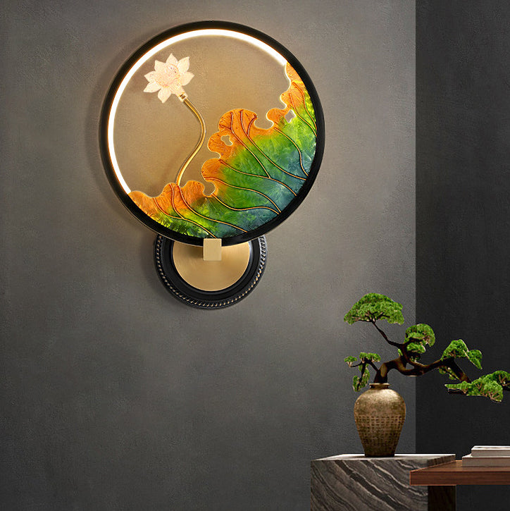 Chinese Round Acrylic Glass Copper LED Wall Sconce Lamp