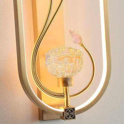 Chinese Flower Oval Glass Copper LED Wall Sconce Lamp