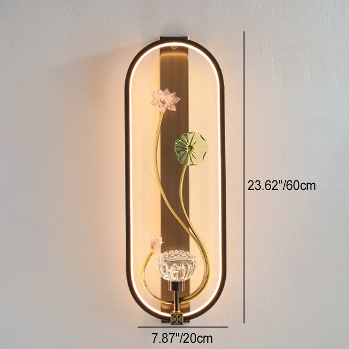 Chinese Flower Oval Glass Copper LED Wall Sconce Lamp