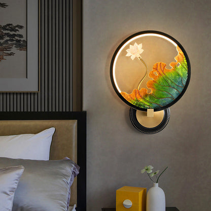 Chinese Round Acrylic Glass Copper LED Wall Sconce Lamp