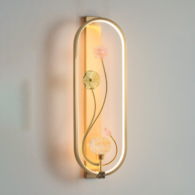 Chinese Flower Oval Glass Copper LED Wall Sconce Lamp