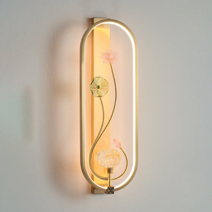 Chinese Flower Oval Glass Copper LED Wall Sconce Lamp