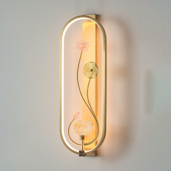 Chinese Flower Oval Glass Copper LED Wall Sconce Lamp