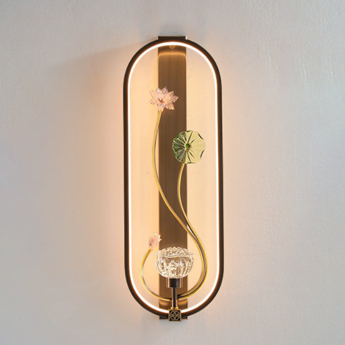 Chinese Flower Oval Glass Copper LED Wall Sconce Lamp