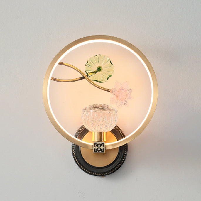 Chinese Round Acrylic Glass Copper LED Wall Sconce Lamp
