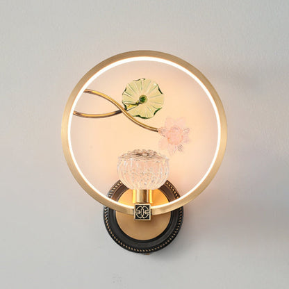 Chinese Round Acrylic Glass Copper LED Wall Sconce Lamp