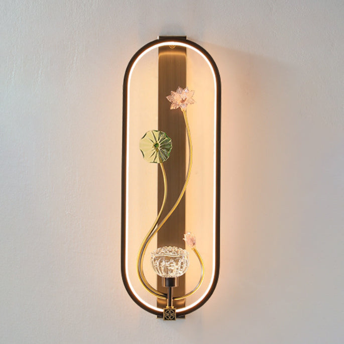 Chinese Flower Oval Glass Copper LED Wall Sconce Lamp