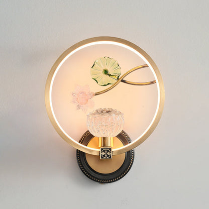 Chinese Round Acrylic Glass Copper LED Wall Sconce Lamp