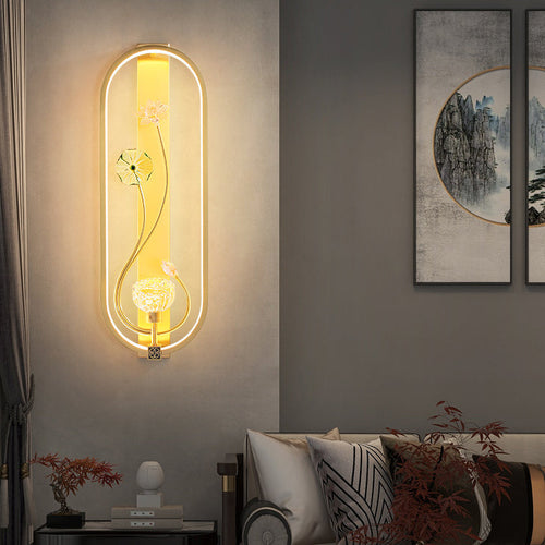 Chinese Flower Oval Glass Copper LED Wall Sconce Lamp