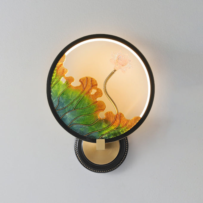 Chinese Round Acrylic Glass Copper LED Wall Sconce Lamp