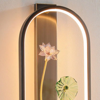 Chinese Flower Oval Glass Copper LED Wall Sconce Lamp