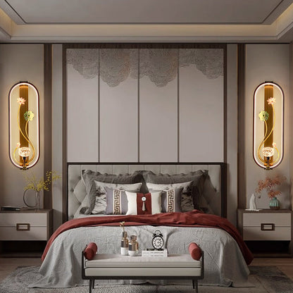 Chinese Flower Oval Glass Copper LED Wall Sconce Lamp