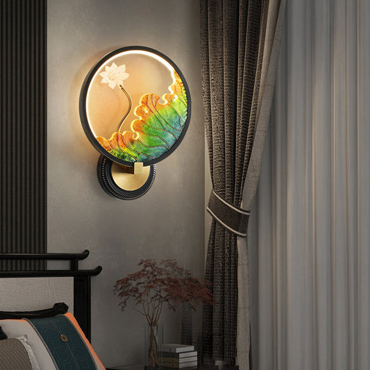Chinese Round Acrylic Glass Copper LED Wall Sconce Lamp
