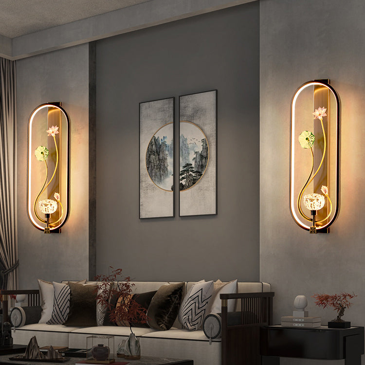 Chinese Flower Oval Glass Copper LED Wall Sconce Lamp