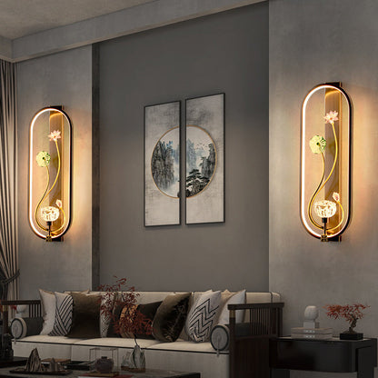Chinese Flower Oval Glass Copper LED Wall Sconce Lamp
