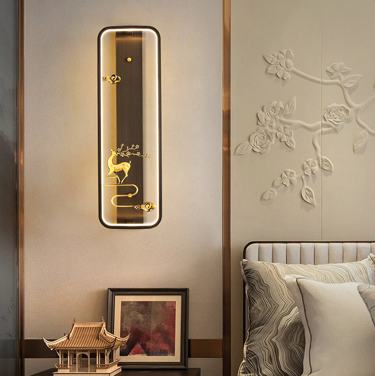 Chinese Deer Square Glass Jade Copper LED Wall Sconce Lamp