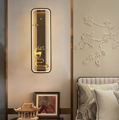 Chinese Deer Square Glass Jade Copper LED Wall Sconce Lamp