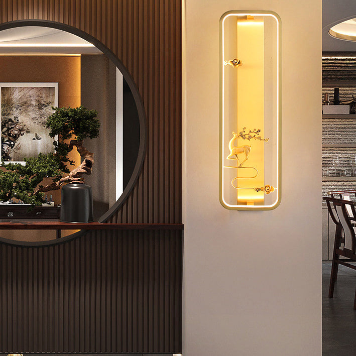 Chinese Deer Square Glass Jade Copper LED Wall Sconce Lamp