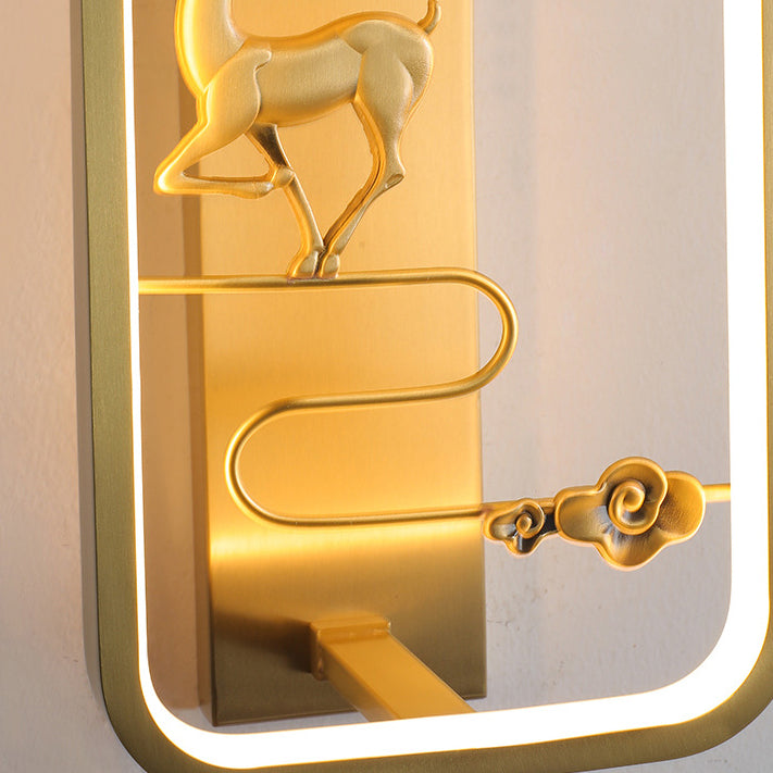 Chinese Deer Square Glass Jade Copper LED Wall Sconce Lamp