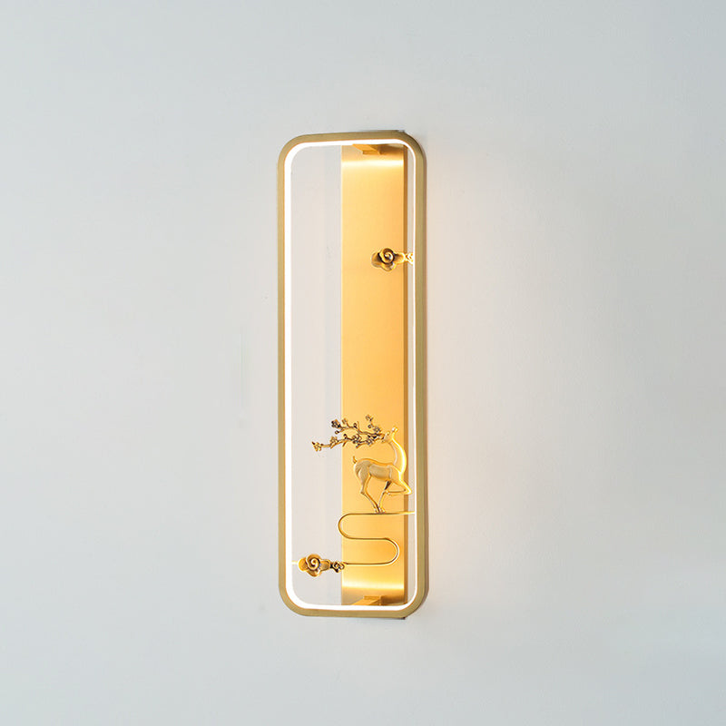 Chinese Deer Square Glass Jade Copper LED Wall Sconce Lamp