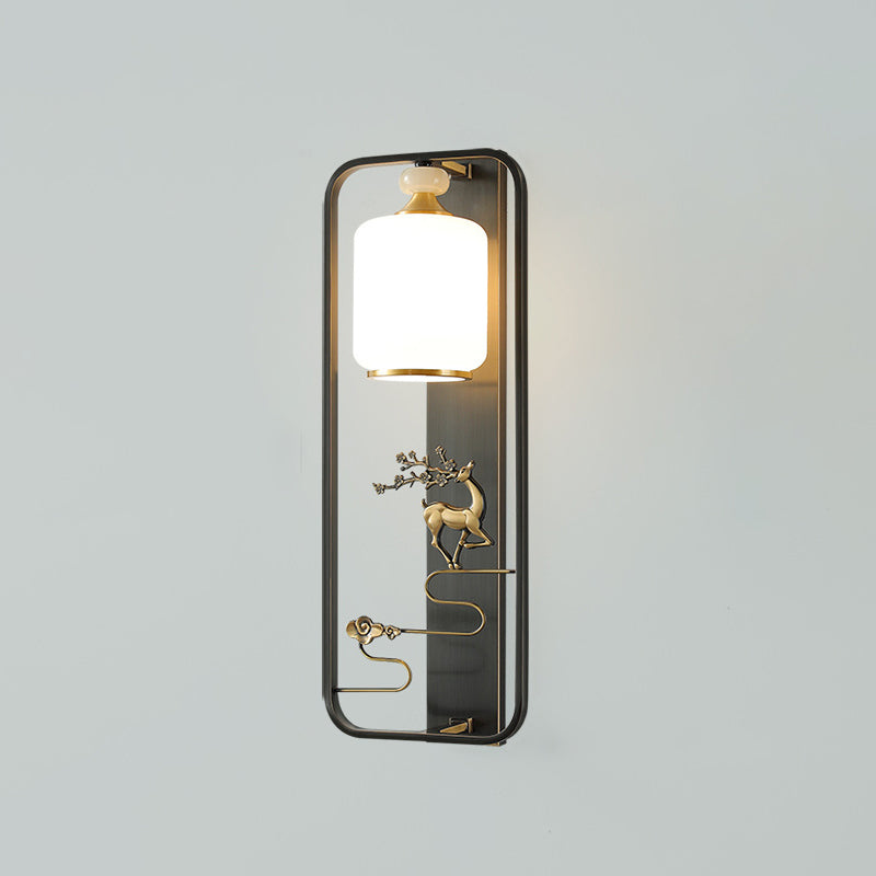 Chinese Flower Glass Jade Brass 1-Light Wall Sconce Lamp