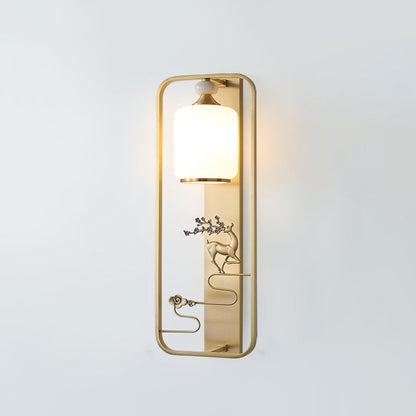 Chinese Flower Glass Jade Brass 1-Light Wall Sconce Lamp