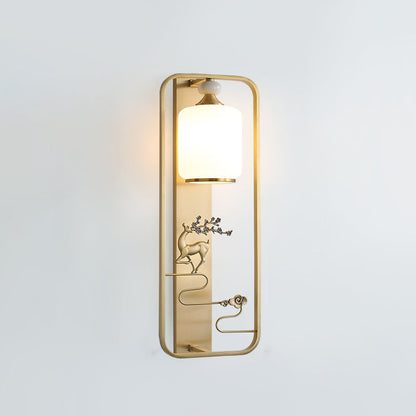Chinese Flower Glass Jade Brass 1-Light Wall Sconce Lamp