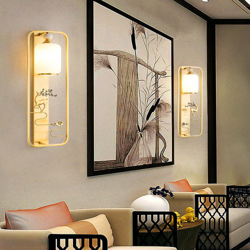 Chinese Flower Glass Jade Brass 1-Light Wall Sconce Lamp