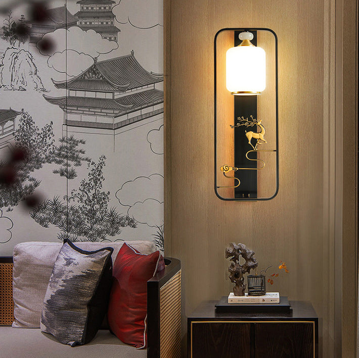 Chinese Flower Glass Jade Brass 1-Light Wall Sconce Lamp