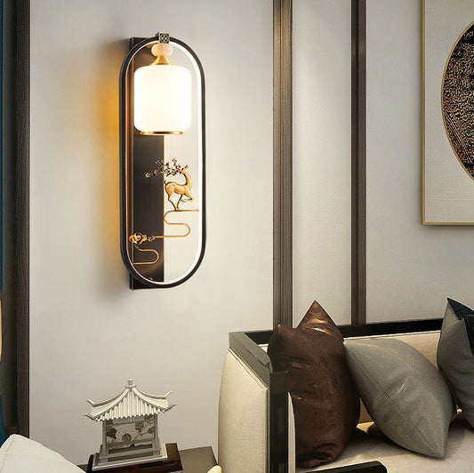 Chinese Cylinder Oval Glass Jade Brass LED Wall Sconce Lamp