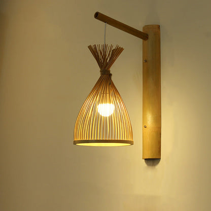 Chinese Braid Skeleton Bamboo Wood 1-Light Wall Sconce Lamp