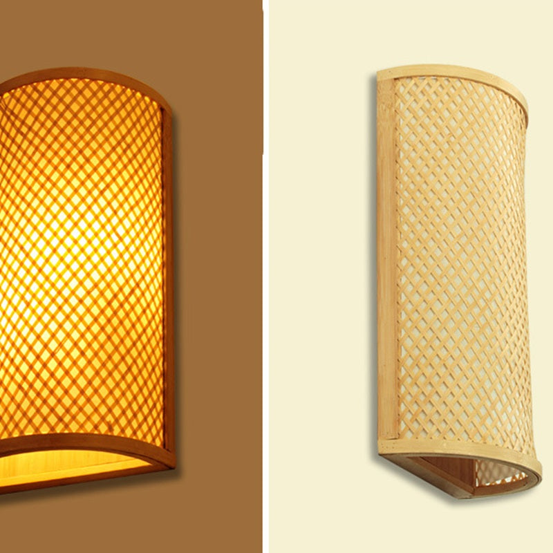 Chinese Half Round Bamboo Wood 1-Light Wall Sconce Lamp