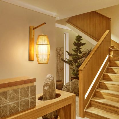 Chinese Half Round Bamboo Wood 1-Light Wall Sconce Lamp