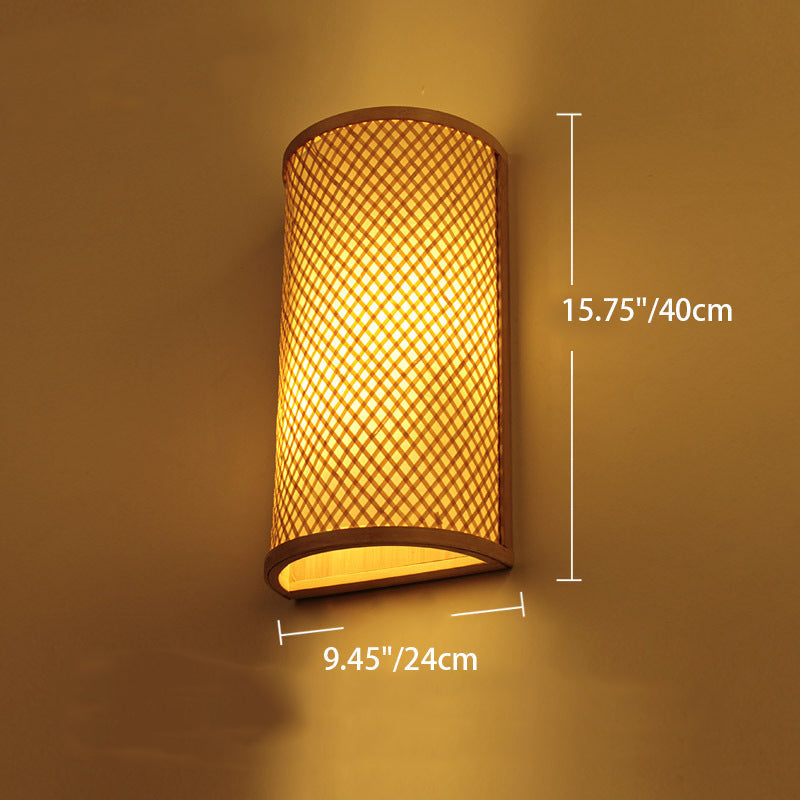 Chinese Half Round Bamboo Wood 1-Light Wall Sconce Lamp