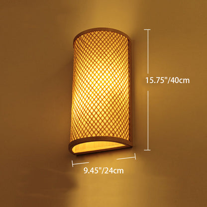Chinese Half Round Bamboo Wood 1-Light Wall Sconce Lamp