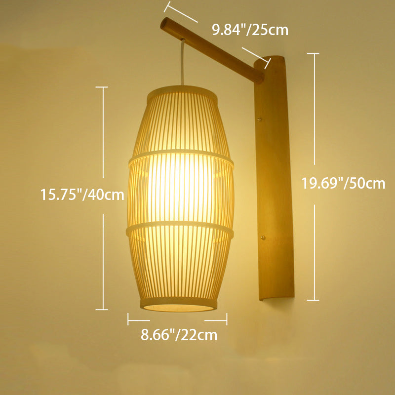 Chinese Half Round Bamboo Wood 1-Light Wall Sconce Lamp