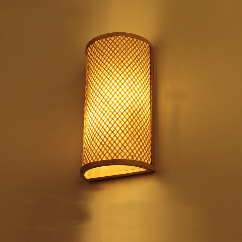 Chinese Half Round Bamboo Wood 1-Light Wall Sconce Lamp