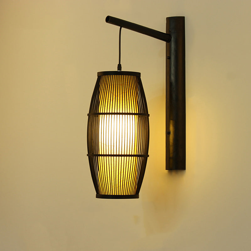 Chinese Half Round Bamboo Wood 1-Light Wall Sconce Lamp