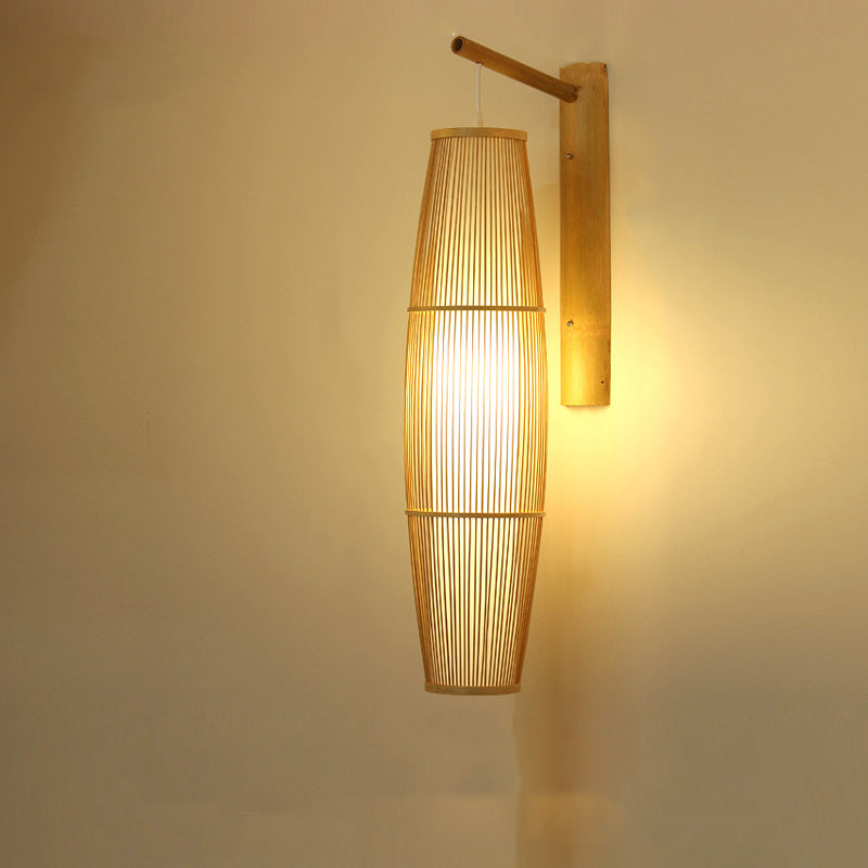 Chinese Cylinder Round PVC Wood 1-Light Wall Sconce Lamp