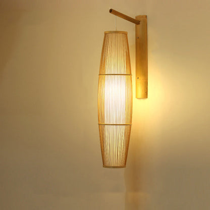 Chinese Cylinder Round PVC Wood 1-Light Wall Sconce Lamp