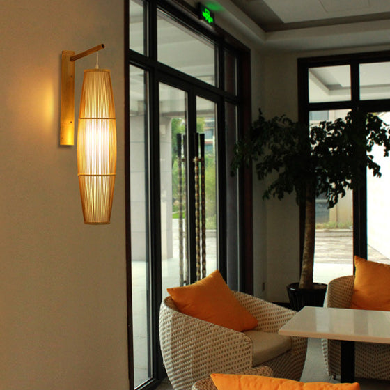 Chinese Cylinder Round PVC Wood 1-Light Wall Sconce Lamp