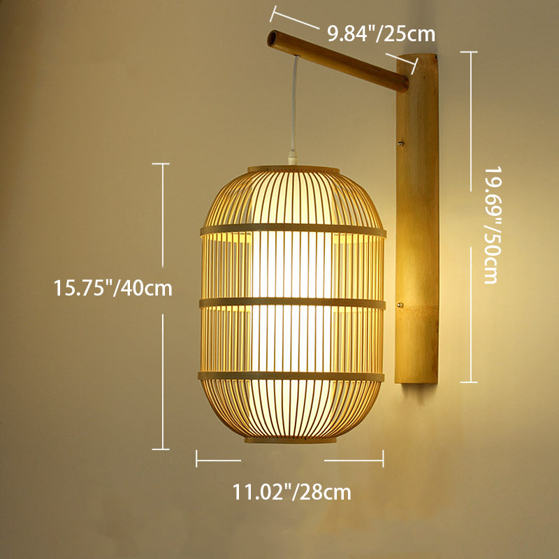 Chinese Cylinder Round PVC Wood 1-Light Wall Sconce Lamp
