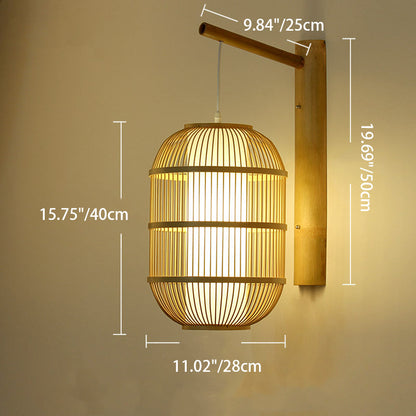 Chinese Cylinder Round PVC Wood 1-Light Wall Sconce Lamp
