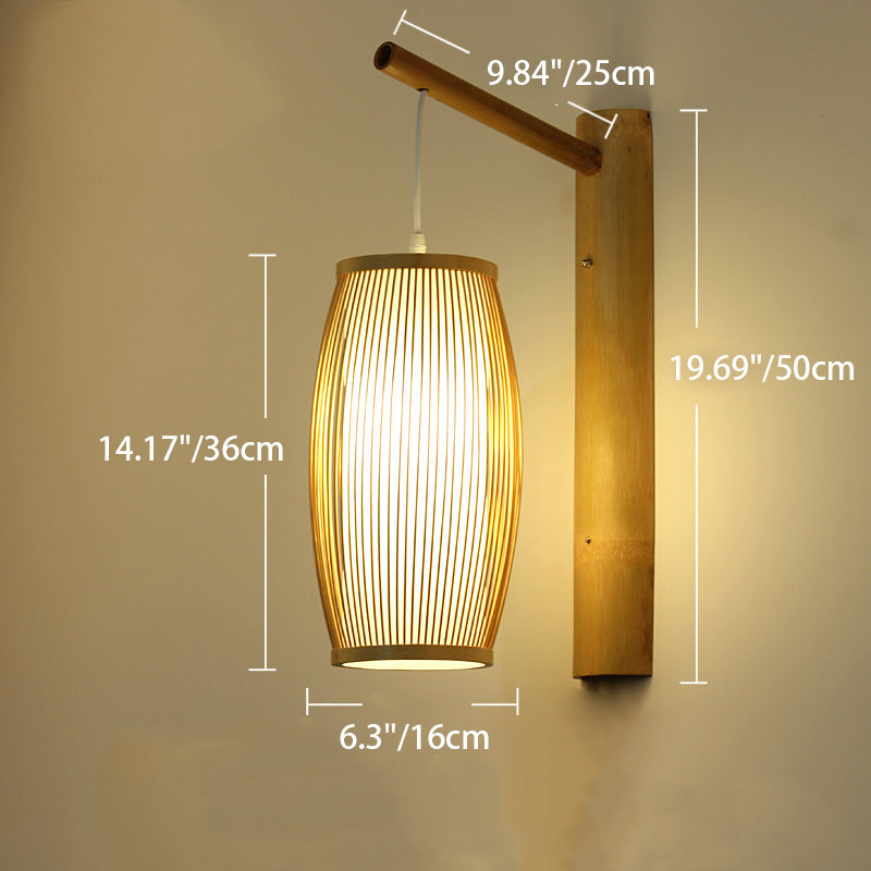 Chinese Cylinder Round PVC Wood 1-Light Wall Sconce Lamp